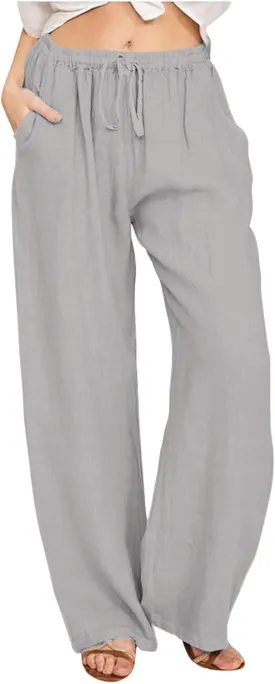 Linen Pants for Women Summer Solid Elastic Waist Wide Leg Loose Casual Vacation Beach Palazzo Pants with Pockets