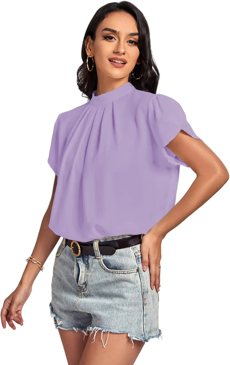 LYANER Womens Casual Mock Neck Basic Pleated Wrap Short Sleeve Curved Keyhole Back Blouse Shirt Top