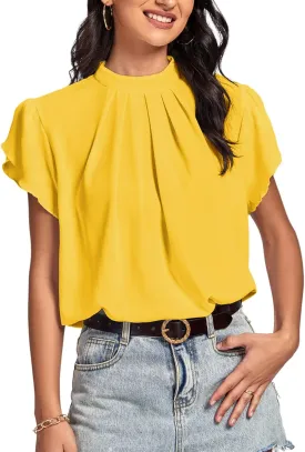 LYANER Womens Casual Mock Neck Basic Pleated Wrap Short Sleeve Curved Keyhole Back Blouse Shirt Top