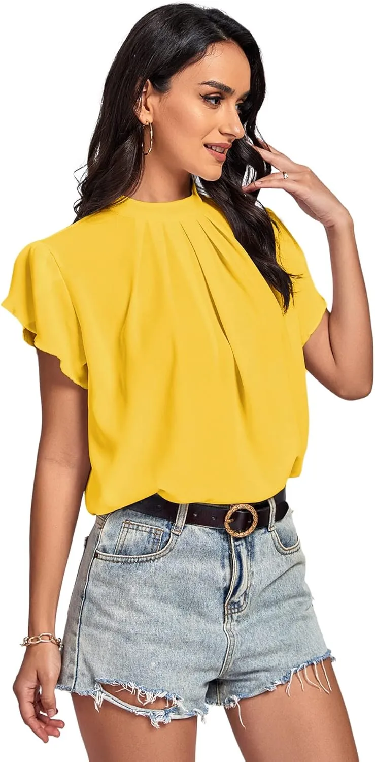 LYANER Womens Casual Mock Neck Basic Pleated Wrap Short Sleeve Curved Keyhole Back Blouse Shirt Top