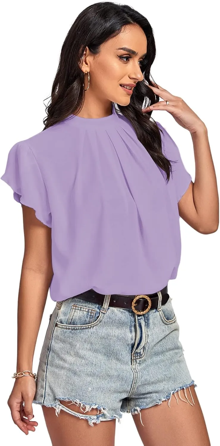 LYANER Womens Casual Mock Neck Basic Pleated Wrap Short Sleeve Curved Keyhole Back Blouse Shirt Top