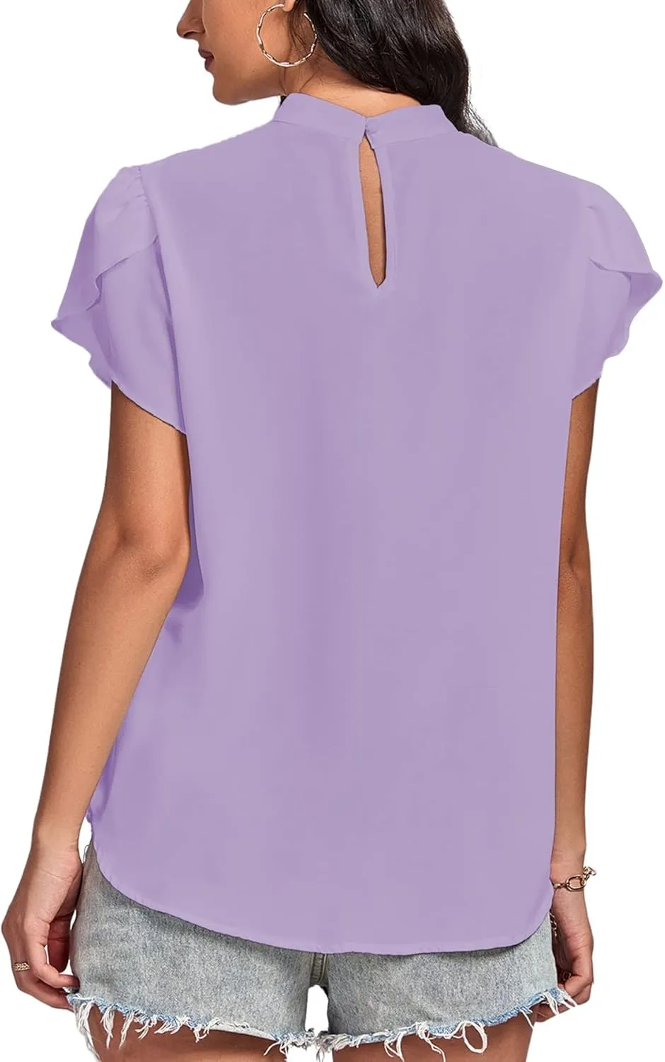 LYANER Womens Casual Mock Neck Basic Pleated Wrap Short Sleeve Curved Keyhole Back Blouse Shirt Top