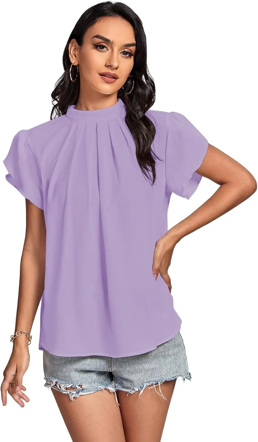 LYANER Womens Casual Mock Neck Basic Pleated Wrap Short Sleeve Curved Keyhole Back Blouse Shirt Top