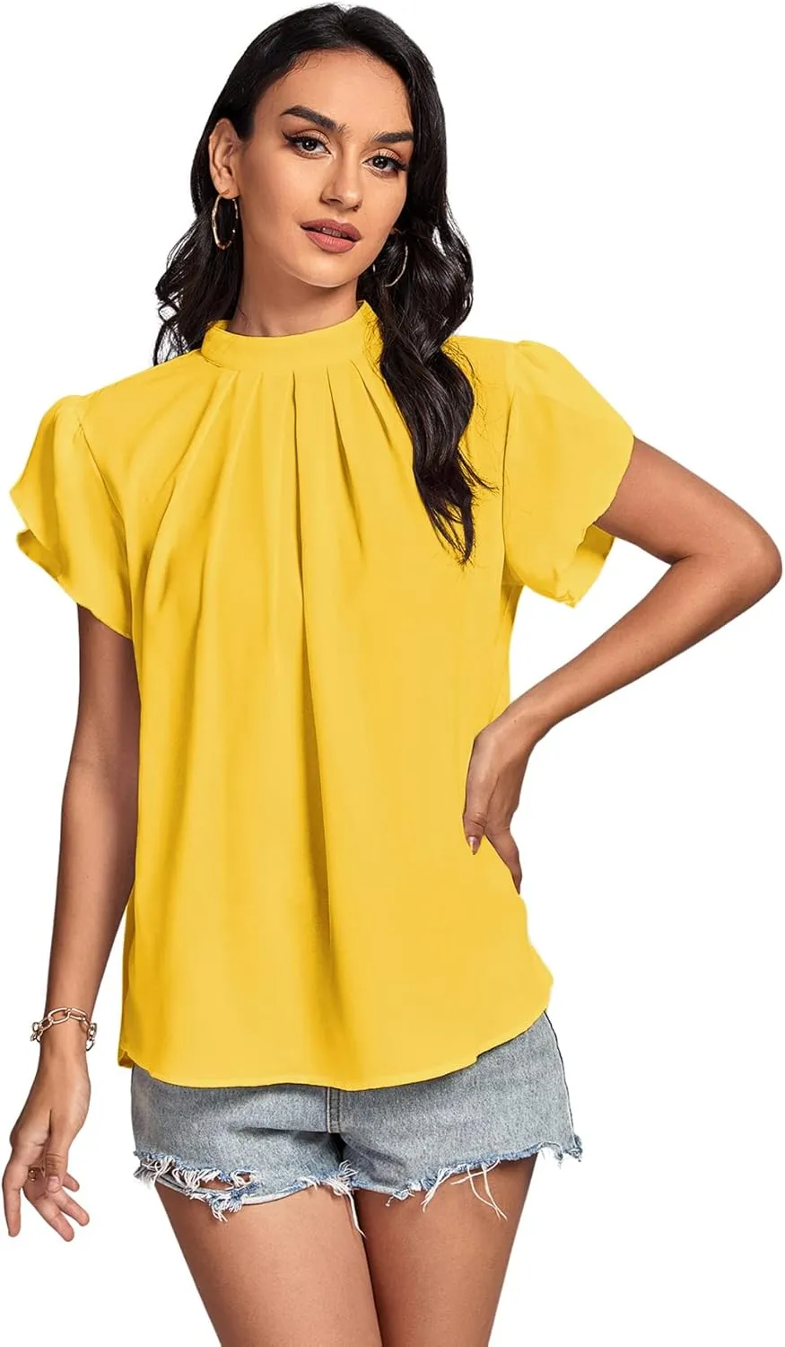 LYANER Womens Casual Mock Neck Basic Pleated Wrap Short Sleeve Curved Keyhole Back Blouse Shirt Top
