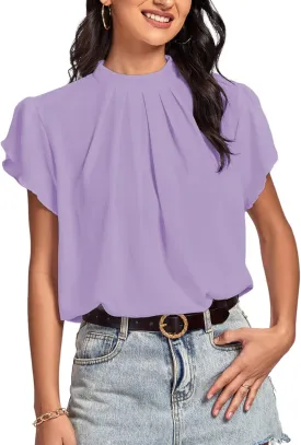 LYANER Womens Casual Mock Neck Basic Pleated Wrap Short Sleeve Curved Keyhole Back Blouse Shirt Top