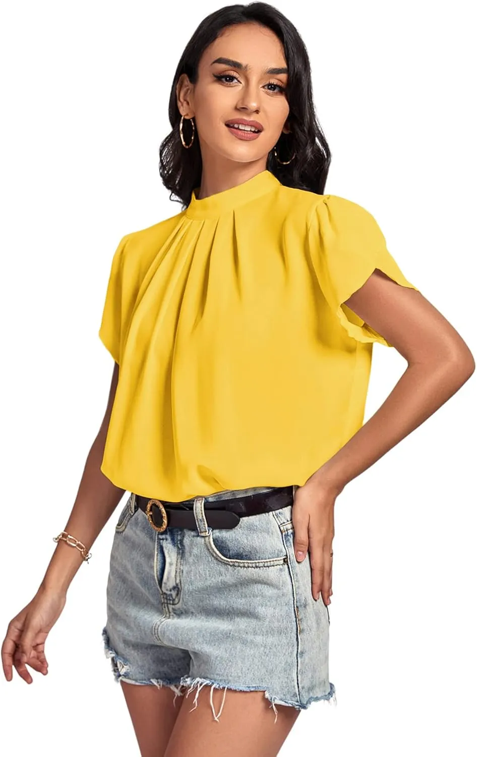 LYANER Womens Casual Mock Neck Basic Pleated Wrap Short Sleeve Curved Keyhole Back Blouse Shirt Top