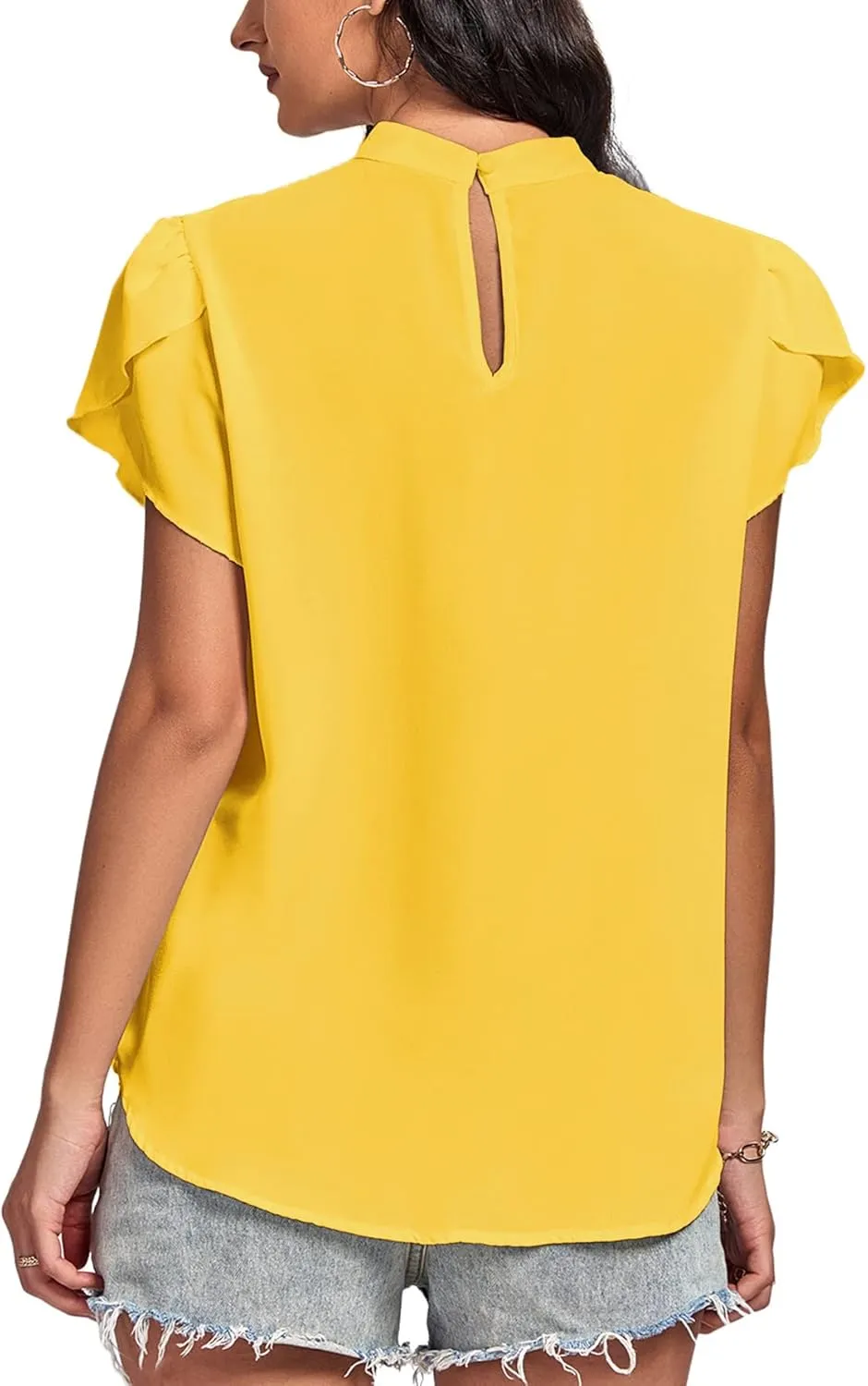 LYANER Womens Casual Mock Neck Basic Pleated Wrap Short Sleeve Curved Keyhole Back Blouse Shirt Top