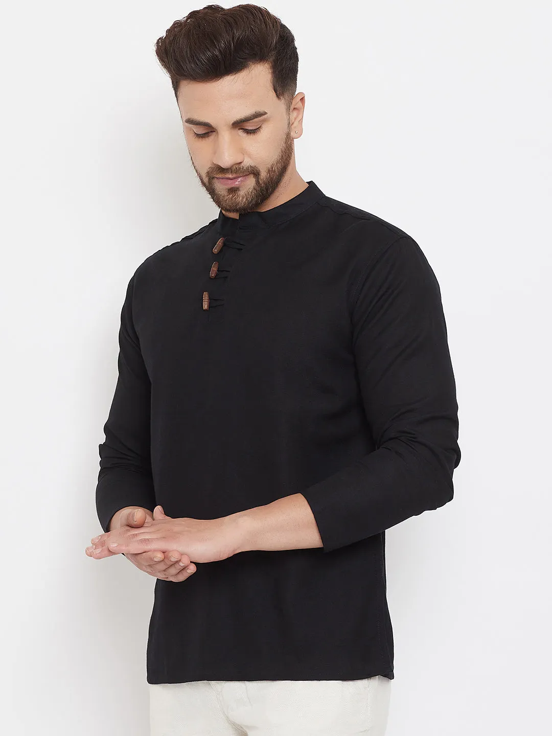 Men's Black Button Placket Shirt Kurta - Even Apparels