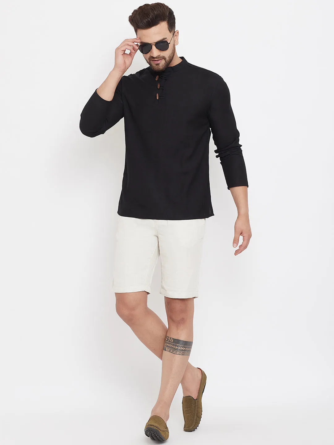Men's Black Button Placket Shirt Kurta - Even Apparels