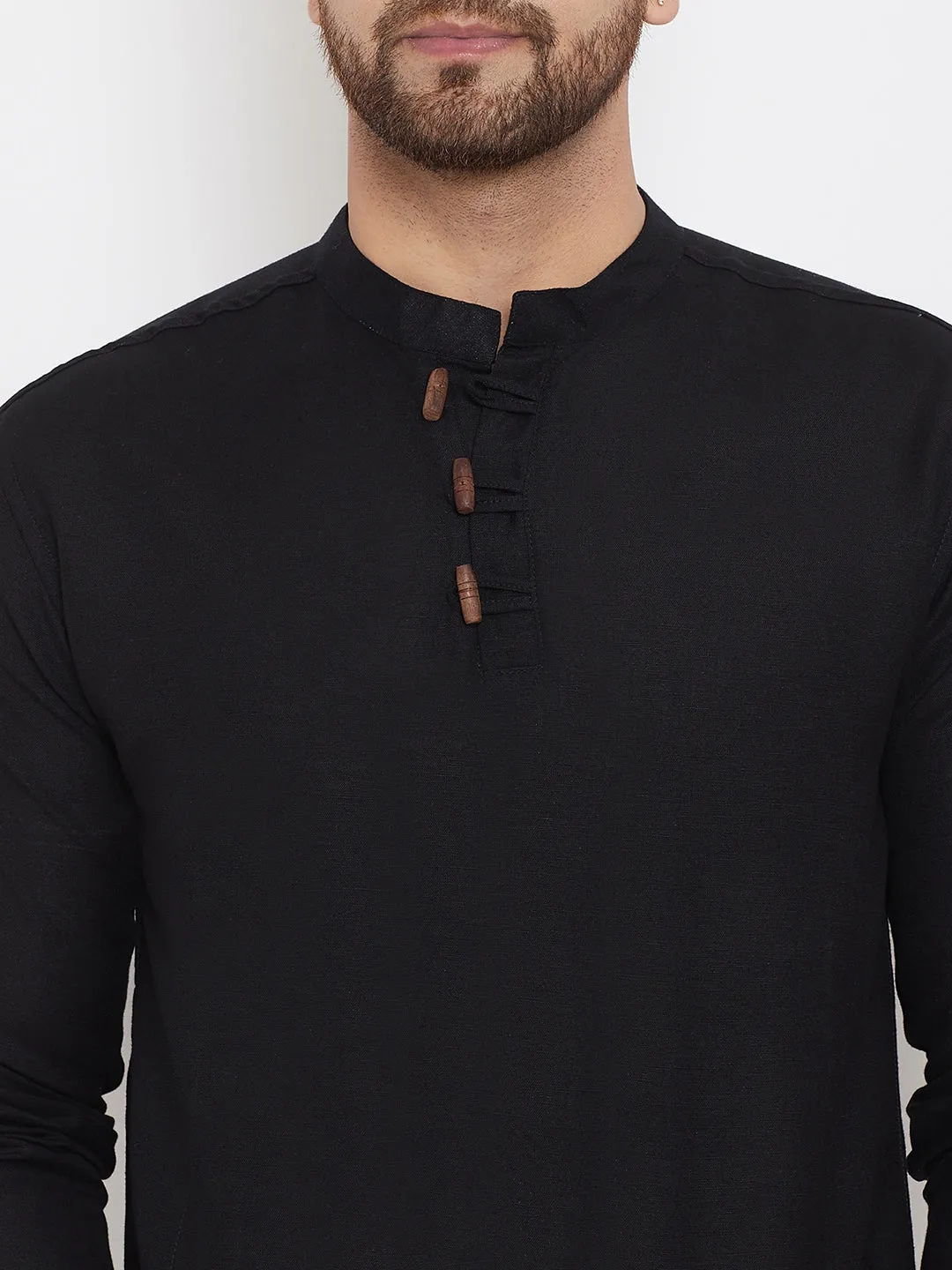 Men's Black Button Placket Shirt Kurta - Even Apparels