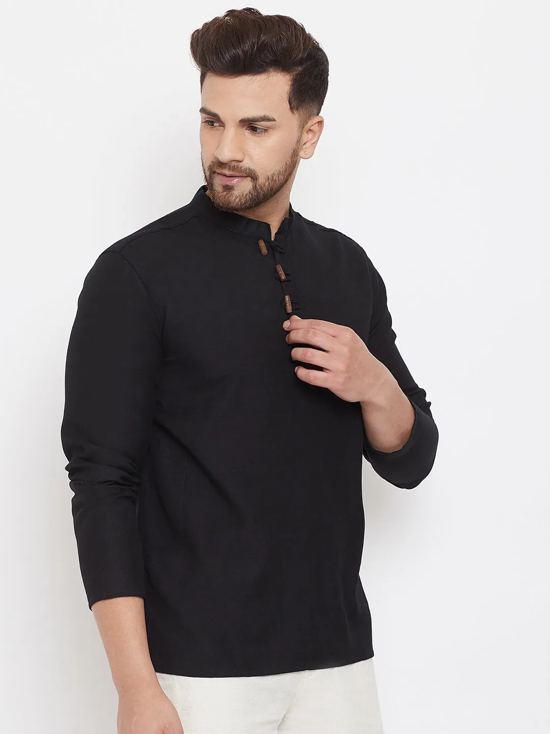 Men's Black Button Placket Shirt Kurta - Even Apparels