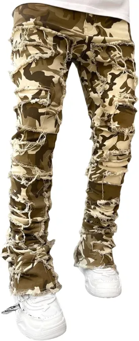 Men's Black Stacked Jeans Ripped Jeans Patch Distressed Destroyed Denim Trousers Streetwear Men Pants Daily Fit