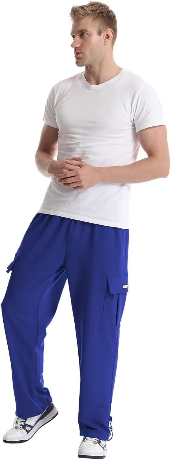 Men's Cargo Sweatpants Loose Fit Pants Joggers for Men with Pockets, Open Bottom Drawstring