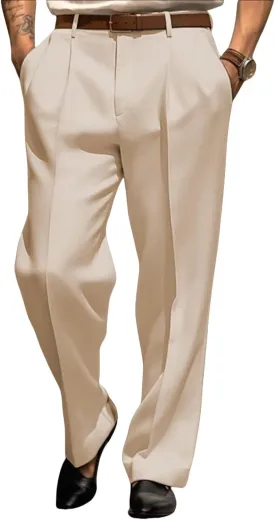 Mens Dress Pants Straight Leg Pleat-Front Casual Suit Pants Plain Comfort Work Office Business Lounge Trouser Long