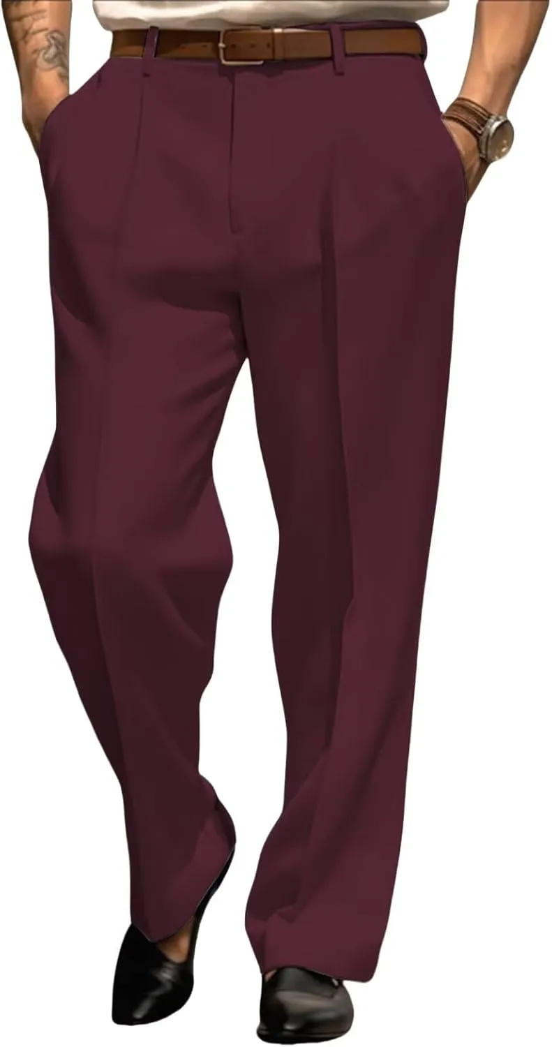 Mens Dress Pants Straight Leg Pleat-Front Casual Suit Pants Plain Comfort Work Office Business Lounge Trouser Long