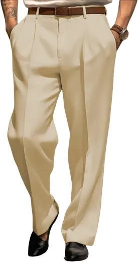 Mens Dress Pants Straight Leg Pleat-Front Casual Suit Pants Plain Comfort Work Office Business Lounge Trouser Long