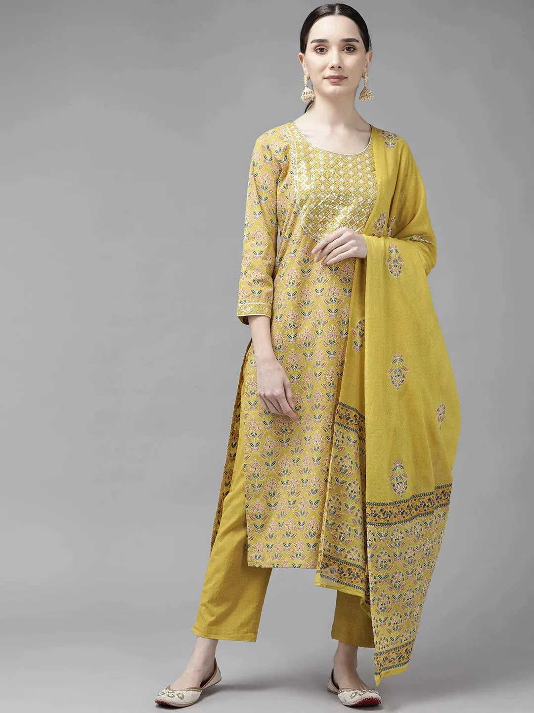 Mustard Printed Cotton Dupatta Set