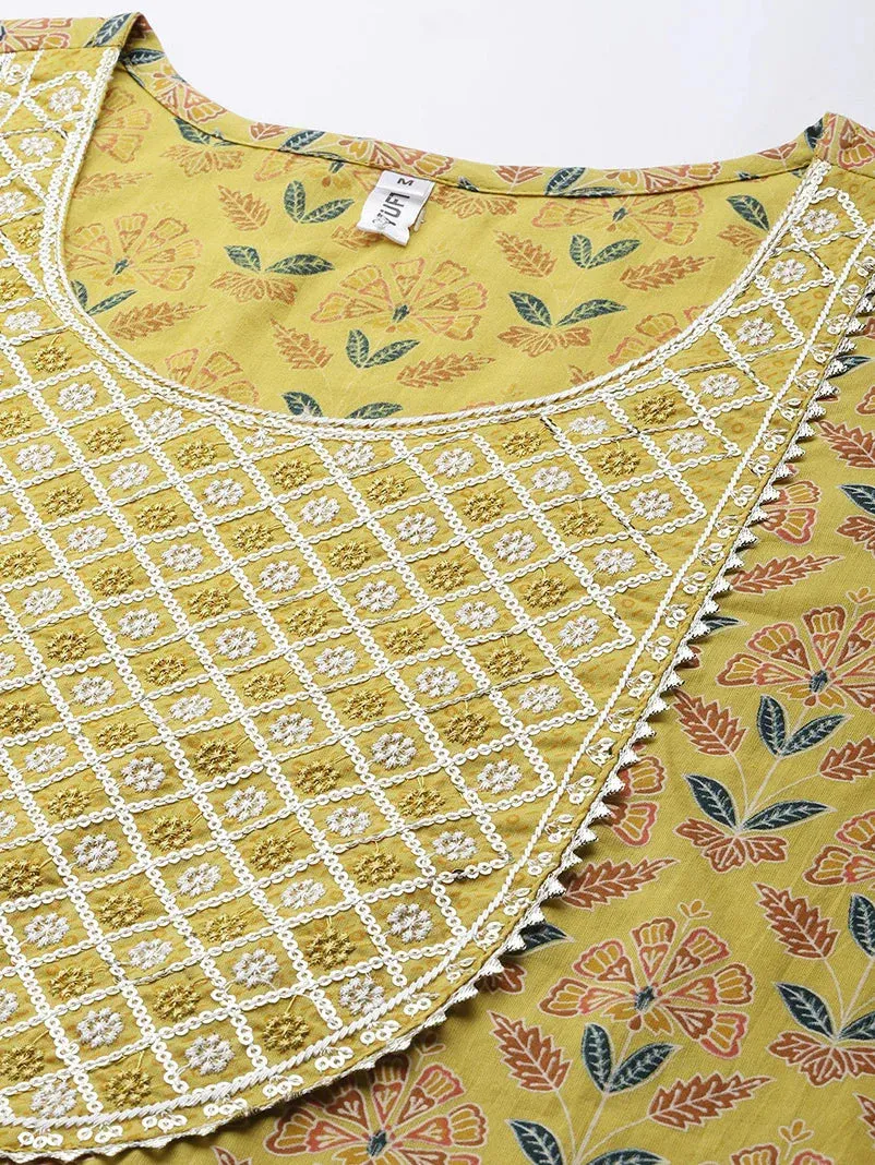 Mustard Printed Cotton Dupatta Set