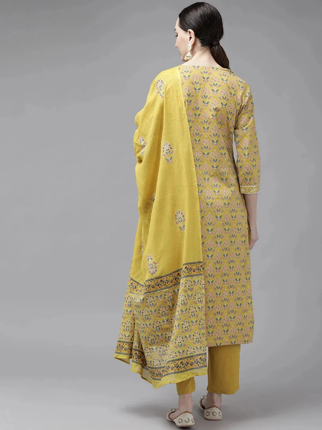 Mustard Printed Cotton Dupatta Set