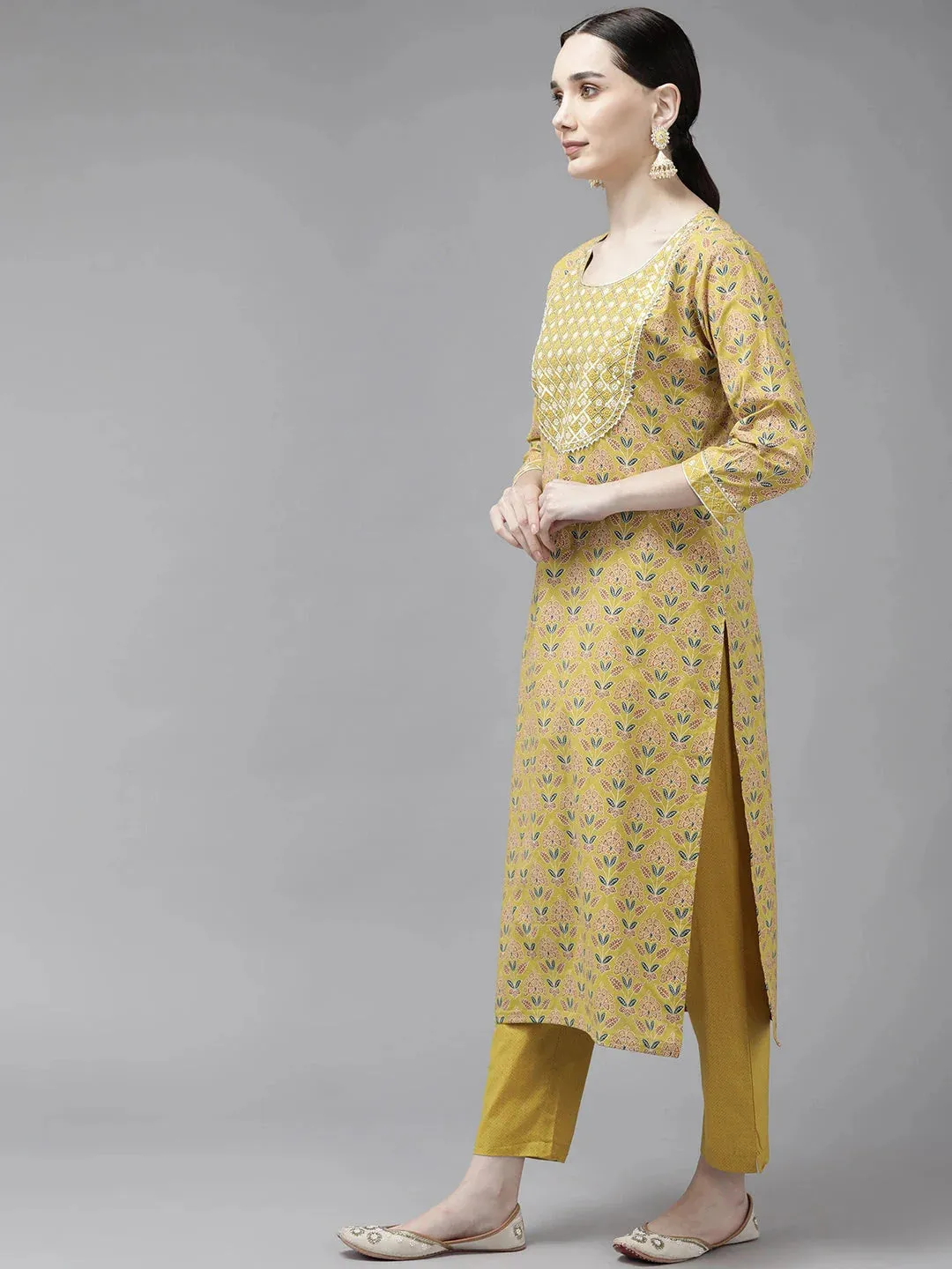 Mustard Printed Cotton Dupatta Set