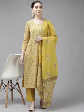 Mustard Printed Cotton Dupatta Set