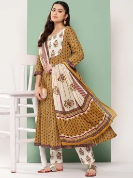 Mustard Yellow & Off-White Floral Printed Cotton Kurta Dupatta Set