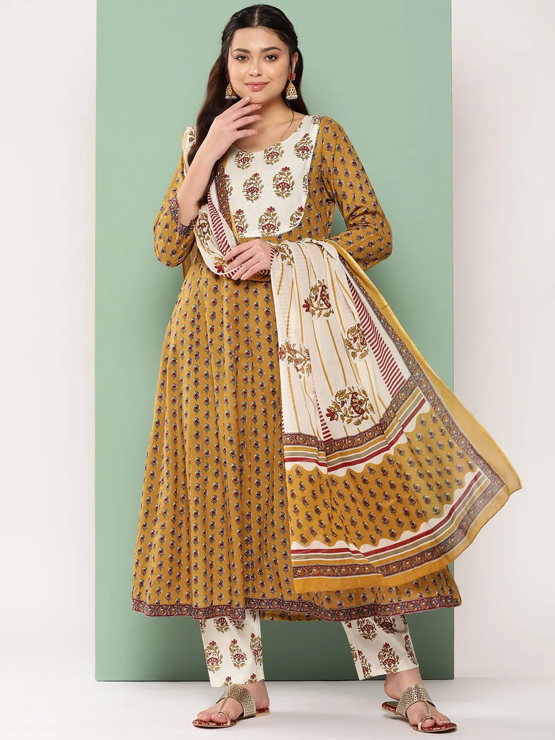Mustard Yellow & Off-White Floral Printed Cotton Kurta Dupatta Set