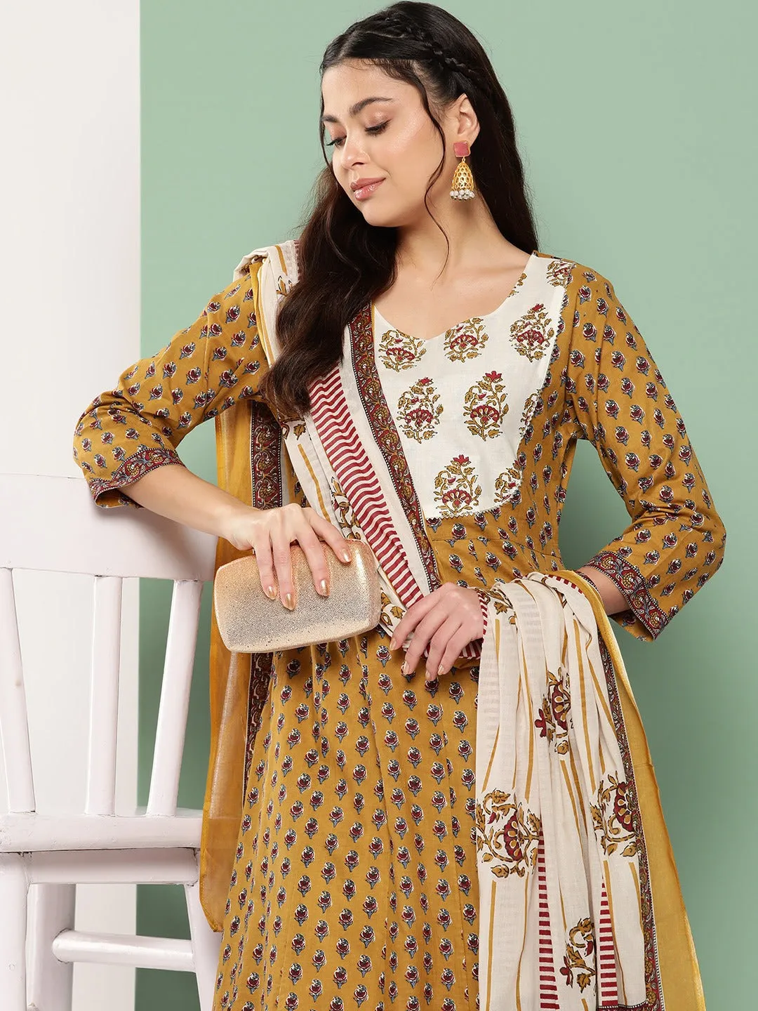 Mustard Yellow & Off-White Floral Printed Cotton Kurta Dupatta Set