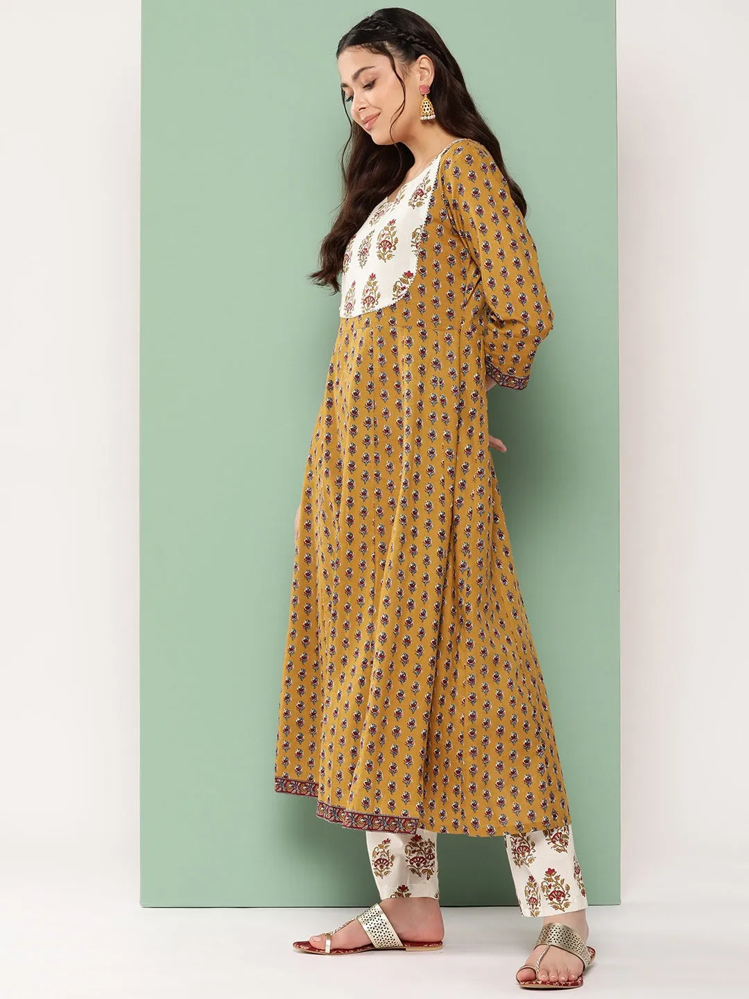 Mustard Yellow & Off-White Floral Printed Cotton Kurta Dupatta Set