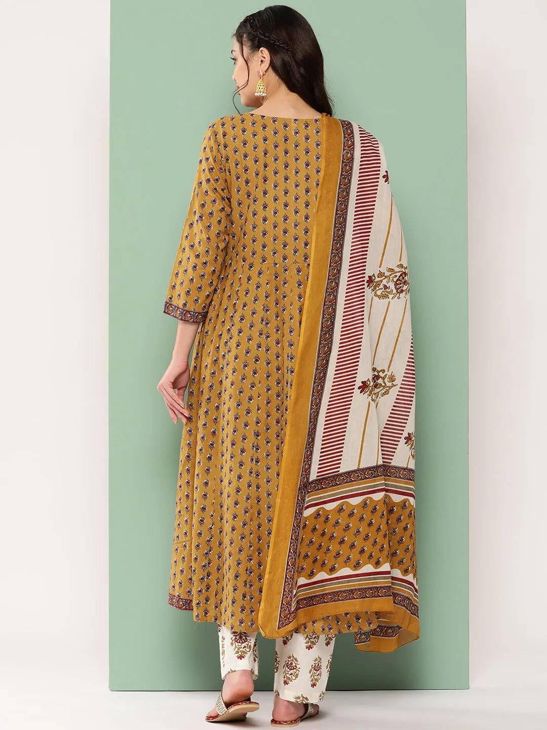 Mustard Yellow & Off-White Floral Printed Cotton Kurta Dupatta Set