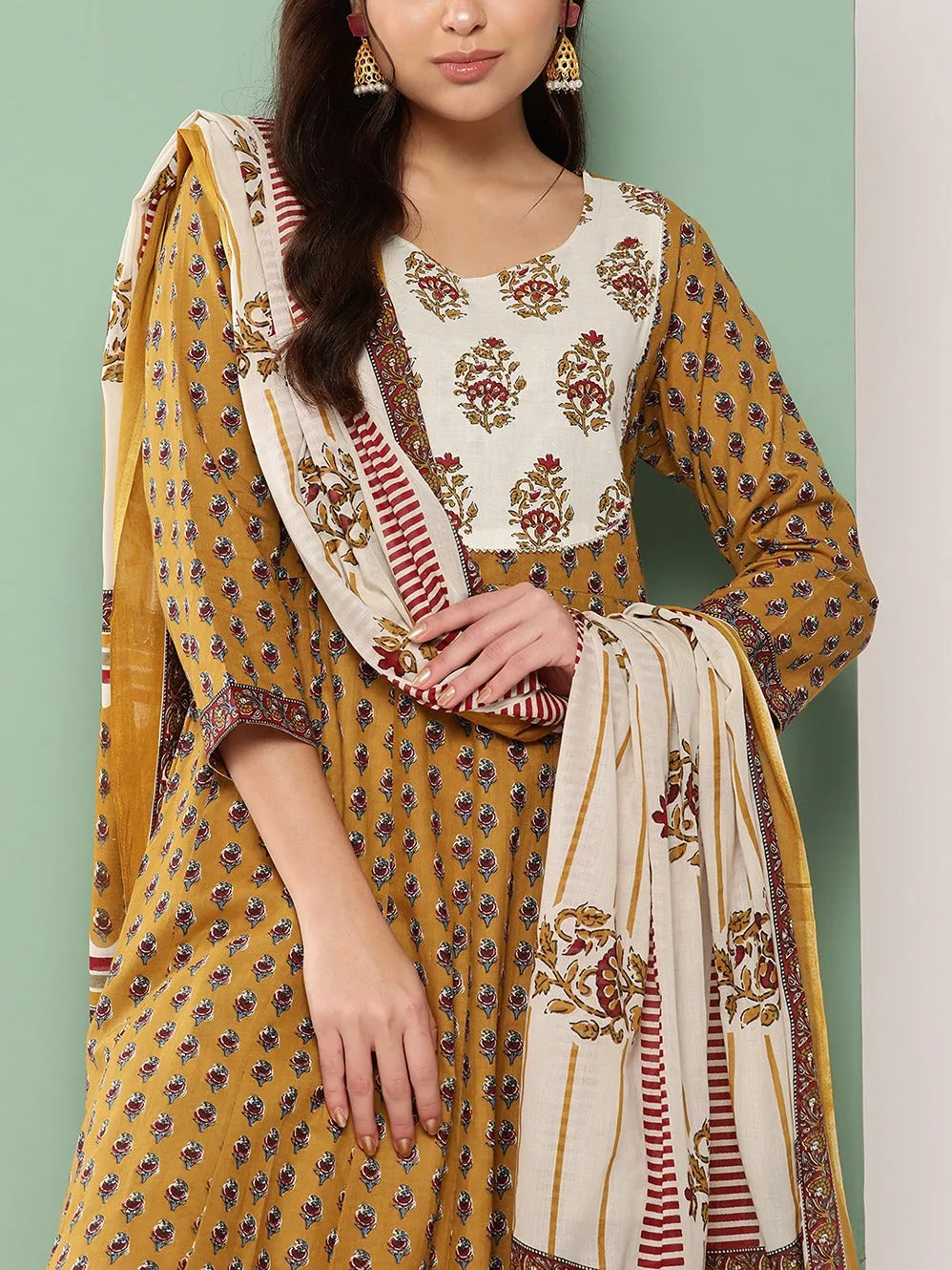Mustard Yellow & Off-White Floral Printed Cotton Kurta Dupatta Set