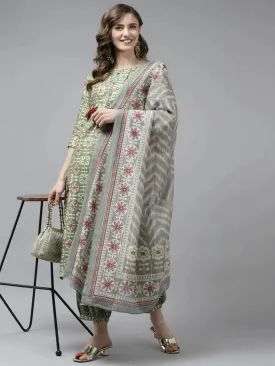 Olive Green Printed Dupatta Set