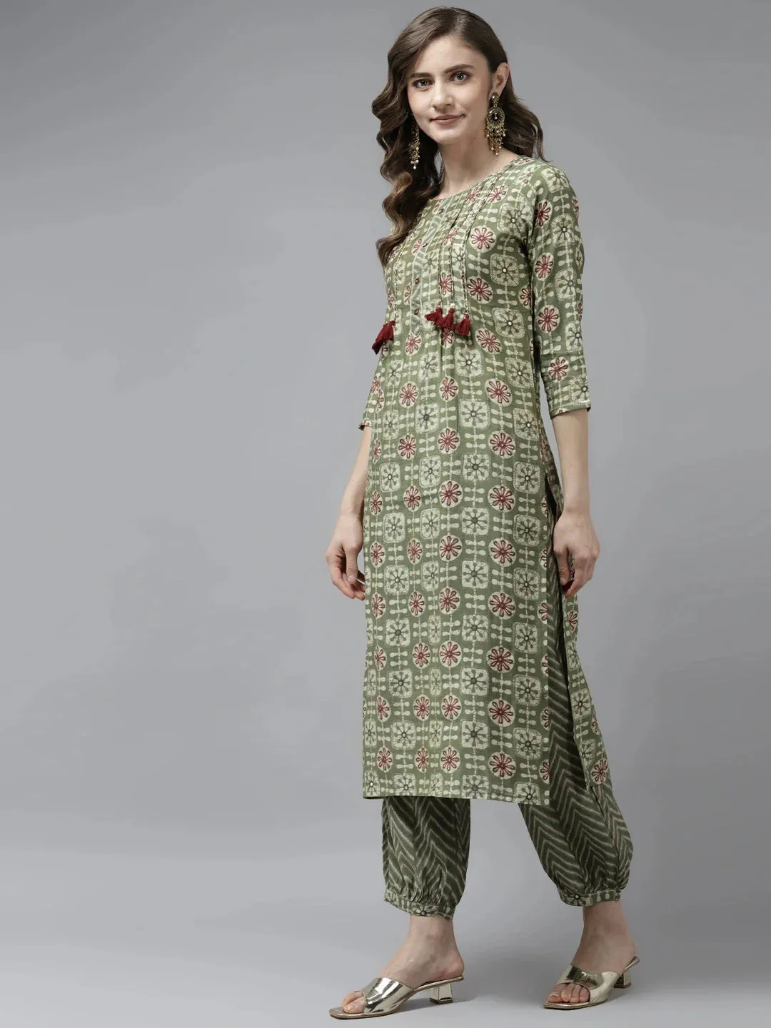 Olive Green Printed Dupatta Set