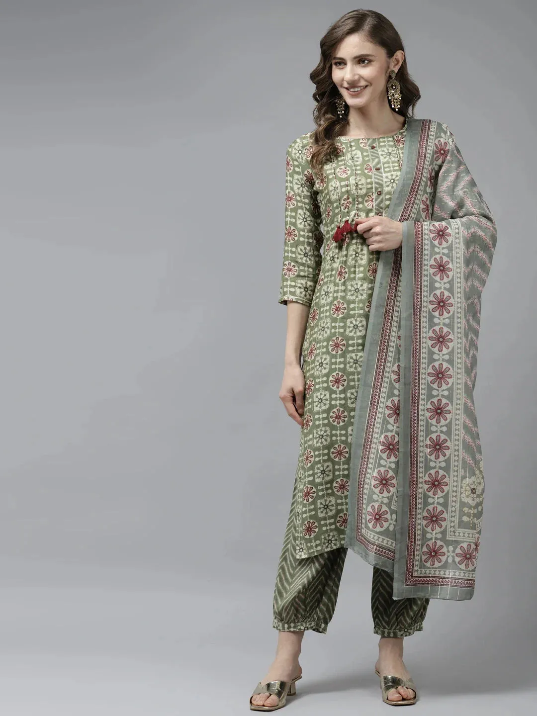 Olive Green Printed Dupatta Set