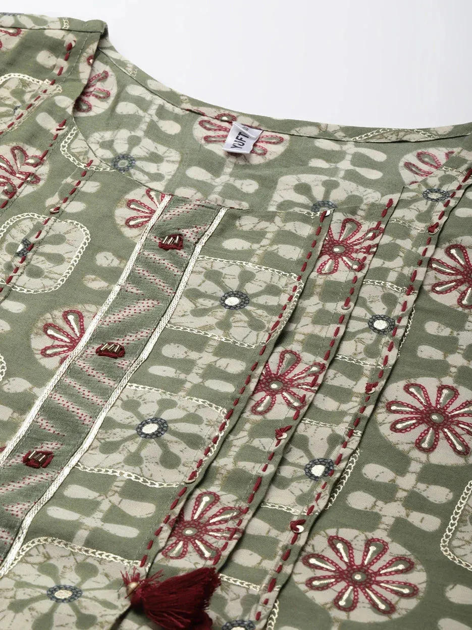 Olive Green Printed Dupatta Set