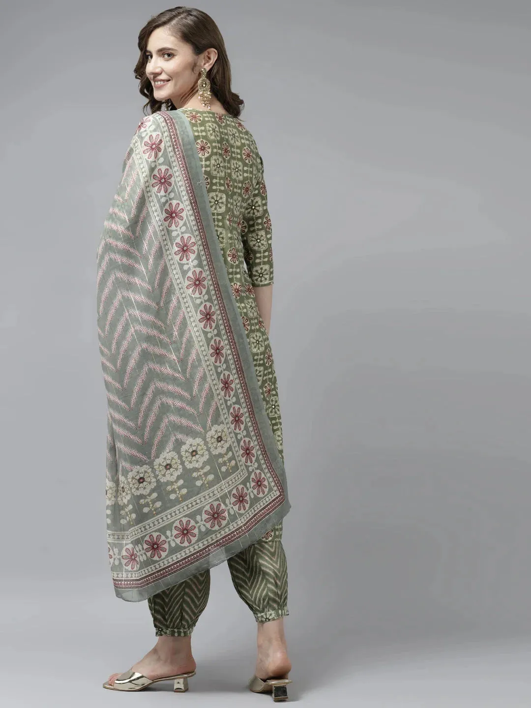 Olive Green Printed Dupatta Set