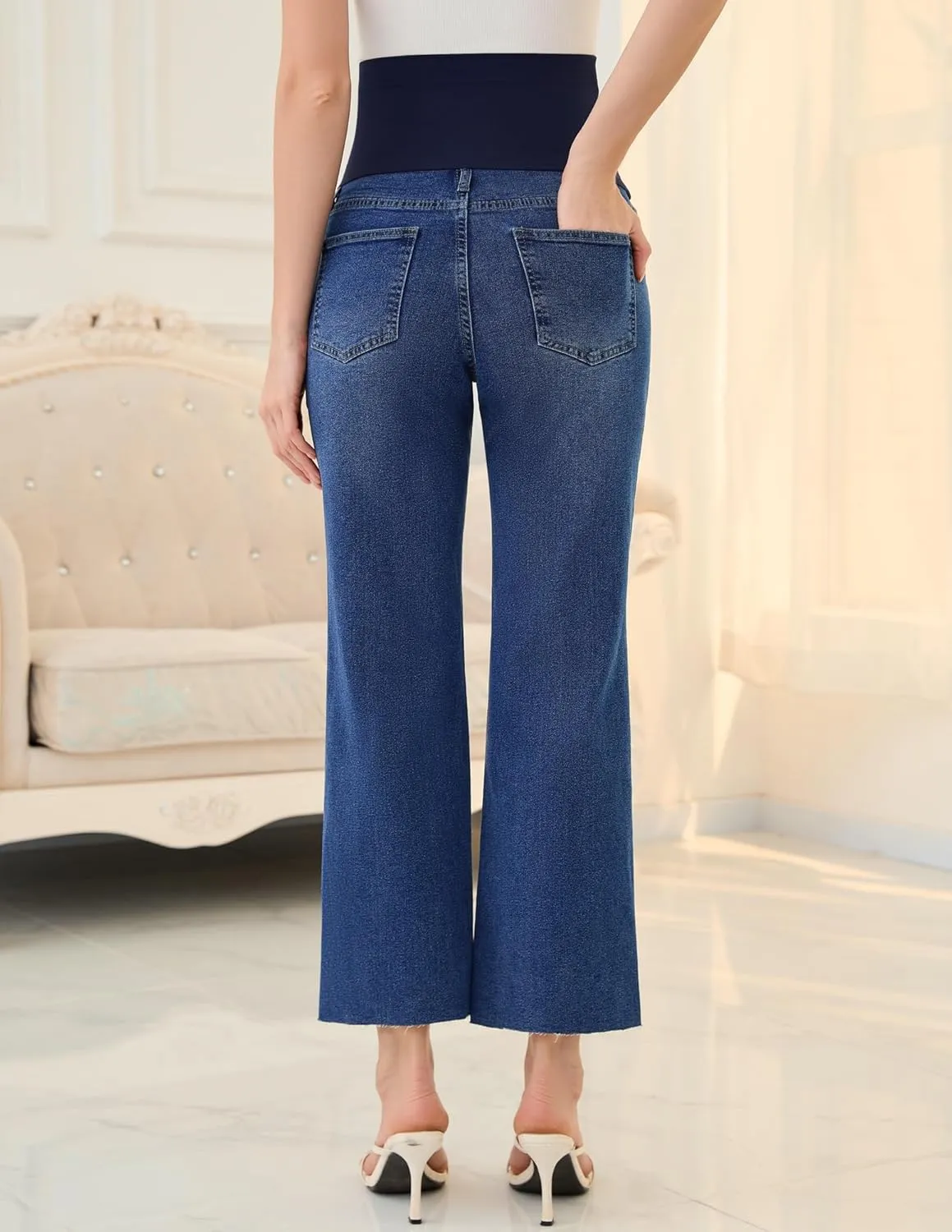 PACBREEZE Women's Maternity Cropped Jeans Distressed Straight-Leg Denim Stretchy Pregnancy Pants-26'', S-XXL