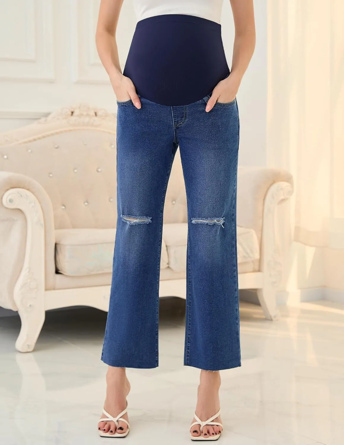 PACBREEZE Women's Maternity Cropped Jeans Distressed Straight-Leg Denim Stretchy Pregnancy Pants-26'', S-XXL