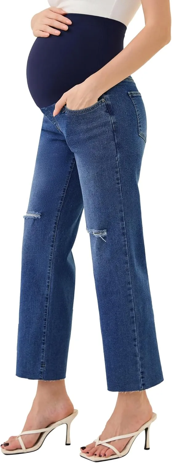 PACBREEZE Women's Maternity Cropped Jeans Distressed Straight-Leg Denim Stretchy Pregnancy Pants-26'', S-XXL