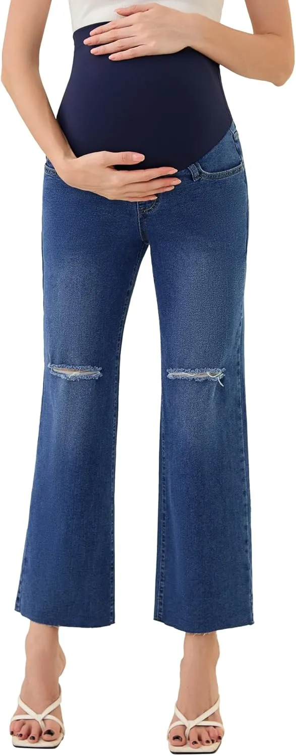 PACBREEZE Women's Maternity Cropped Jeans Distressed Straight-Leg Denim Stretchy Pregnancy Pants-26'', S-XXL