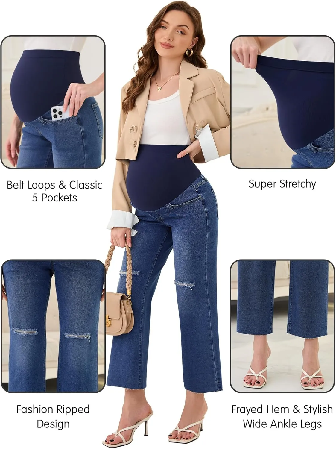 PACBREEZE Women's Maternity Cropped Jeans Distressed Straight-Leg Denim Stretchy Pregnancy Pants-26'', S-XXL