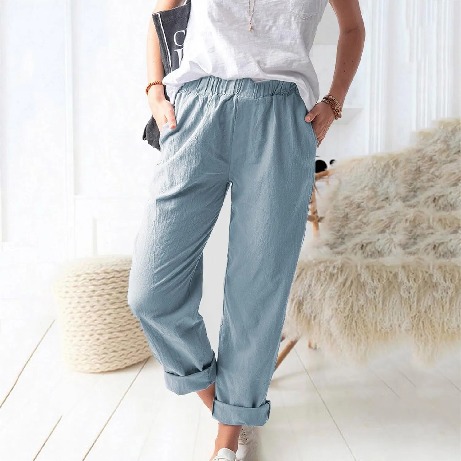 Pants for Women Trendy 2024 Casual Summer Elastic Waist Cotton Linen Pants Straight Leg Crop Trousers