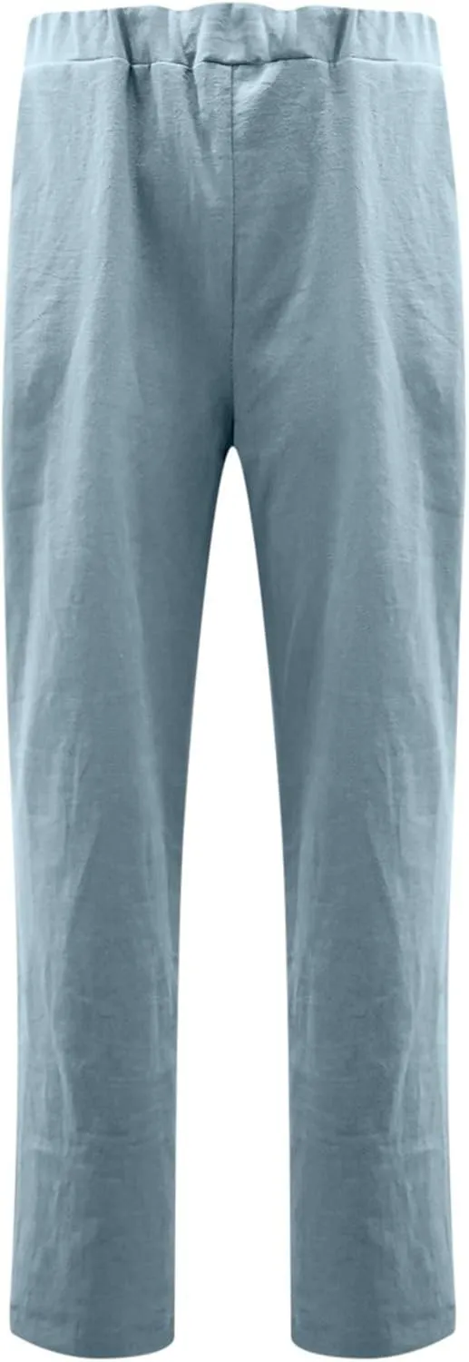 Pants for Women Trendy 2024 Casual Summer Elastic Waist Cotton Linen Pants Straight Leg Crop Trousers