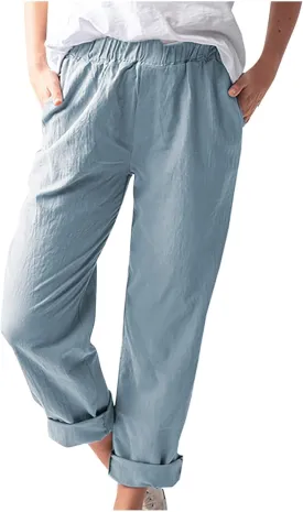 Pants for Women Trendy 2024 Casual Summer Elastic Waist Cotton Linen Pants Straight Leg Crop Trousers