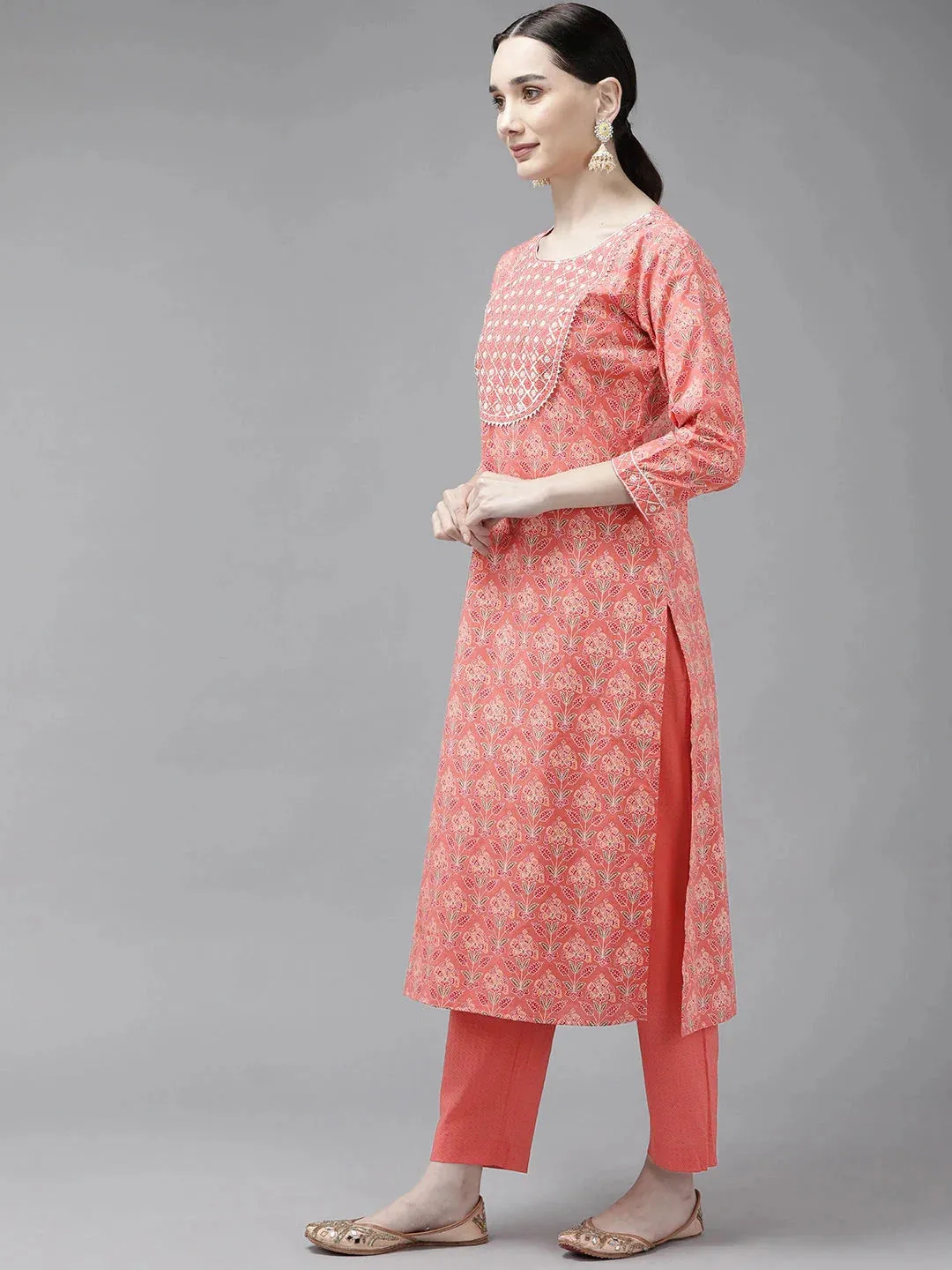 Peach Printed Cotton Dupatta Set