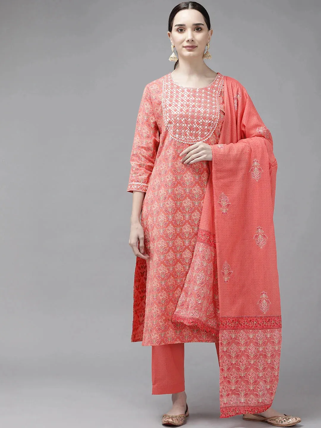 Peach Printed Cotton Dupatta Set