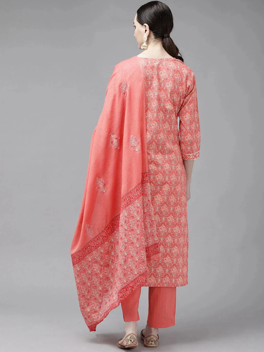 Peach Printed Cotton Dupatta Set