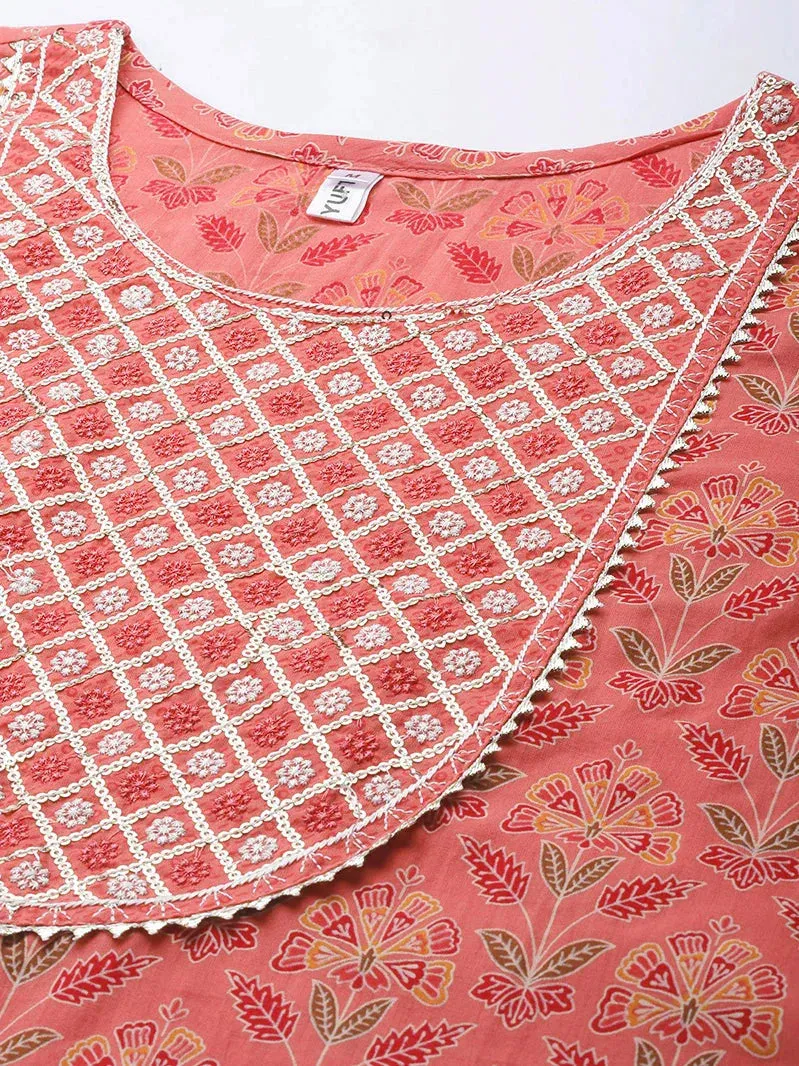 Peach Printed Cotton Dupatta Set