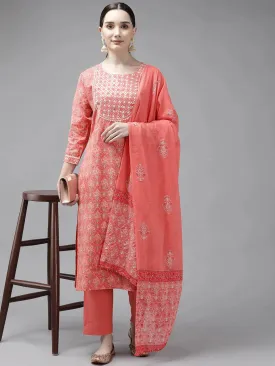 Peach Printed Cotton Dupatta Set