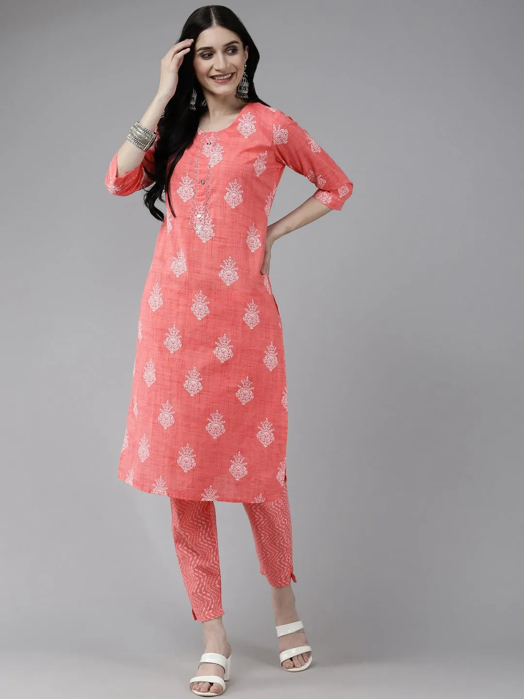 Peach Printed Kurta Set